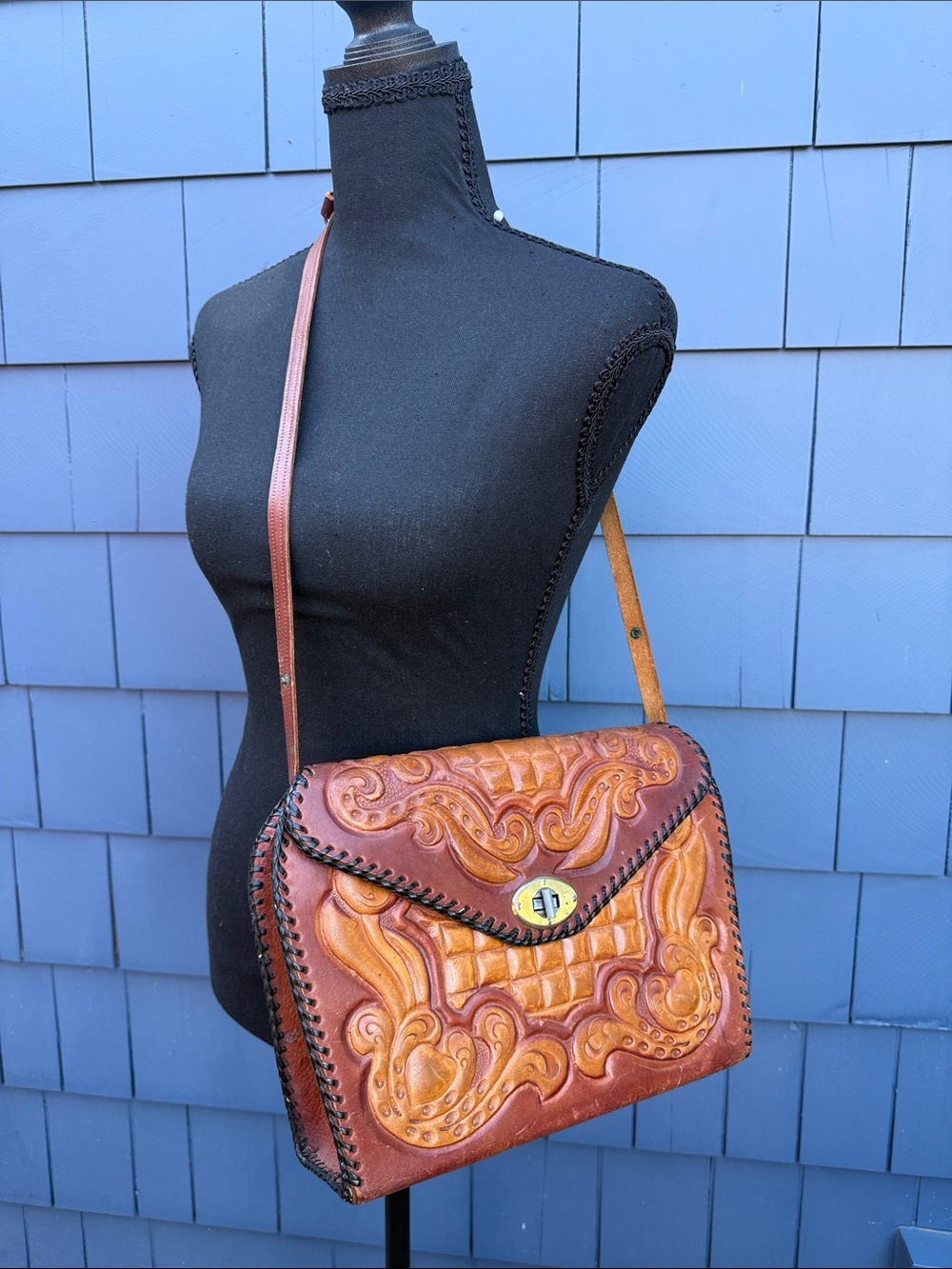 Vintage Hand-Tooled Leather Shoulder Bag in Cognac Brown embossed